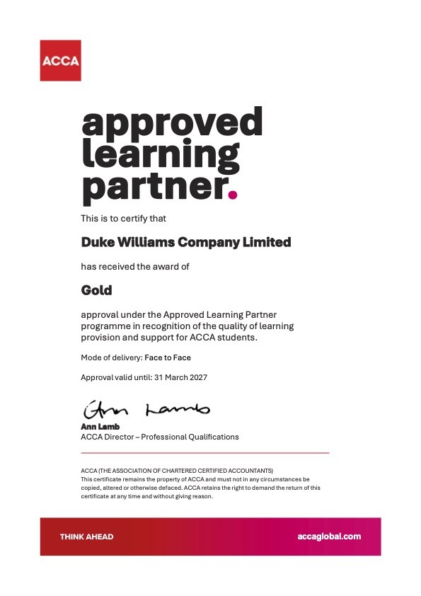 Duke Williams ACCA Gold Approved Learning Provider certificate for 2026